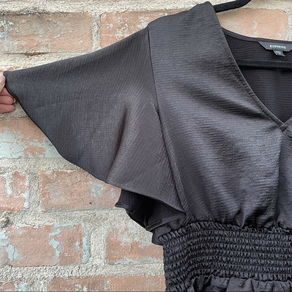 Express Satin Top Black Silky Flutter Smocked Butterfly Blouse Peplum Stretch - Picture 6 of 14